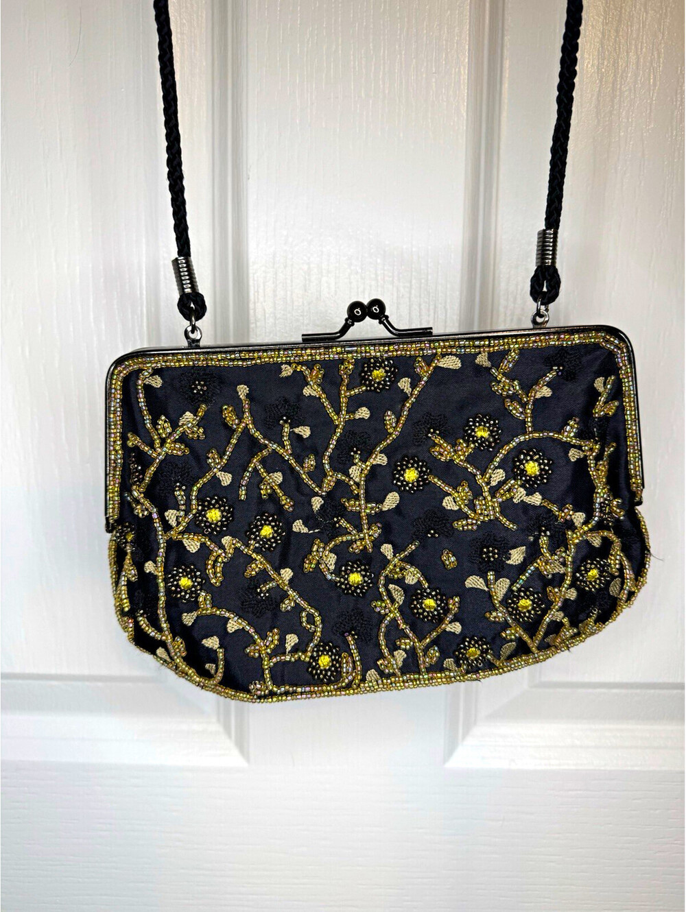 Vintage Lancôme Black & Gold Satin Beaded Embroidered Clasp Top Crossbody Purse